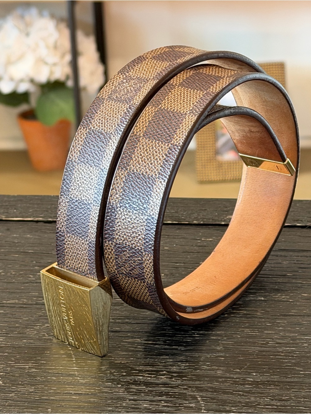 Louis Vuitton Brown Damier Ebene Canvas Belt with Gold Buckle - Picture 3 of 7